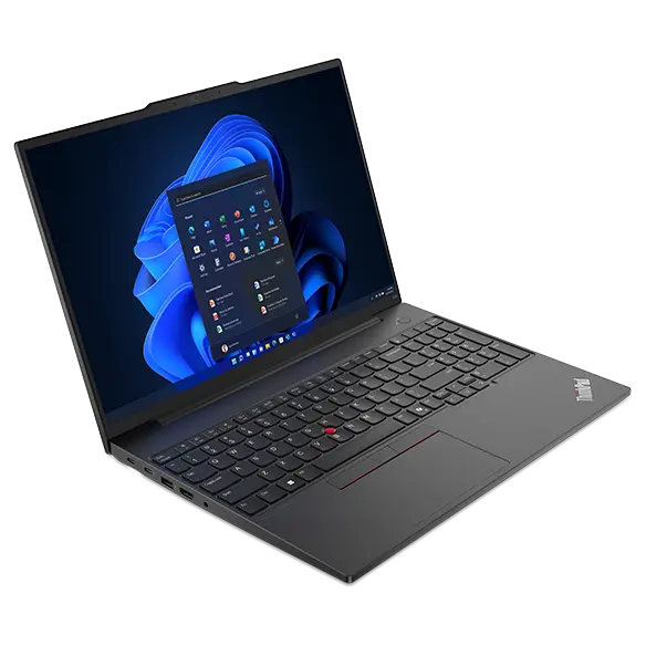 Left side view of Lenovo ThinkPad E14 Gen 2 (16” Intel) laptop, opened 90 degrees, showing display and keyboard edges, and ports.
