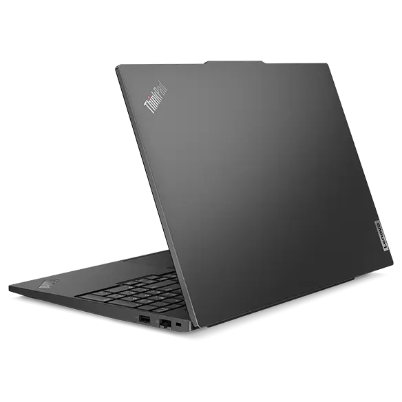 Lenovo ThinkPad E16 (16″ Intel) laptop – rear view from the right, lid partially open