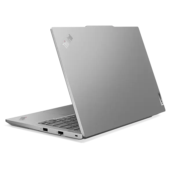 Ordinateur portable Lenovo ThinkPad E14 Gen 5 (14" AMD) en Arctic Grey – vue arrière droite, capot partiellement ouvert