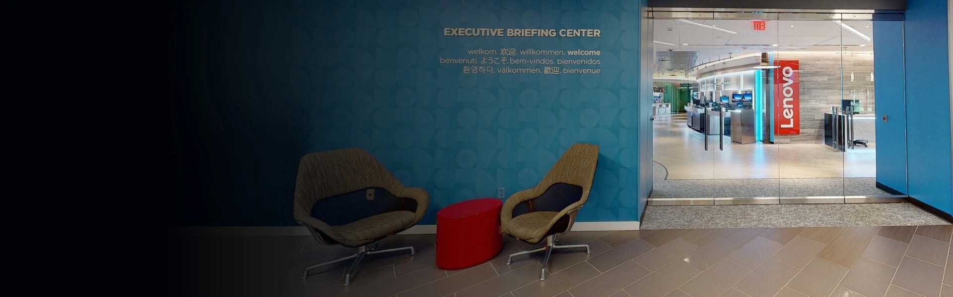 Front entrance of the executive briefing center with glass doors