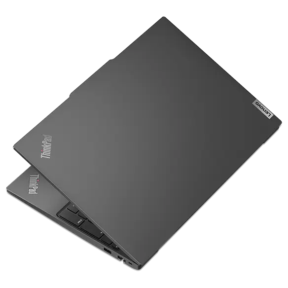 Lenovo ThinkPad E16 (16″ Intel) laptop – rear view from the right and above, lid slightly open