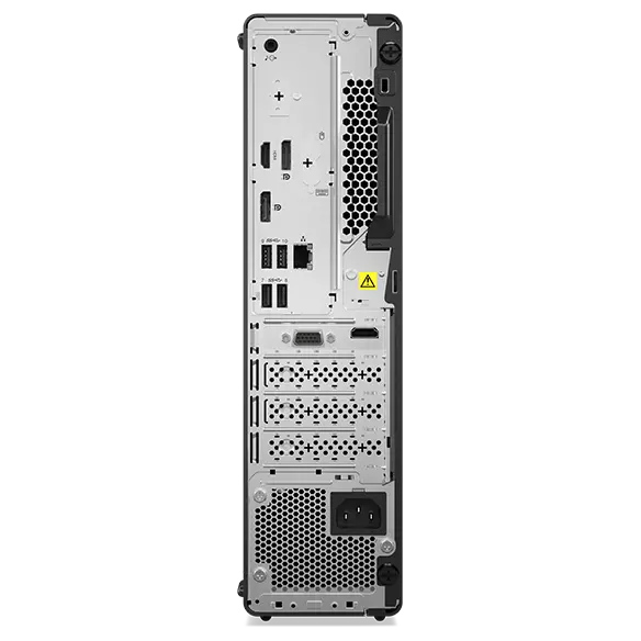 Rear-facing Lenovo ThinkCentre M90s Gen 5 small form factor PC, positioned vertically showing ports & slots.
