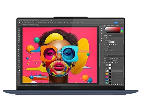 Barvita upodobitev obraza na Lenovo Yoga Slim 7x: zaslon PureSight OLED računalnika Copilot+.