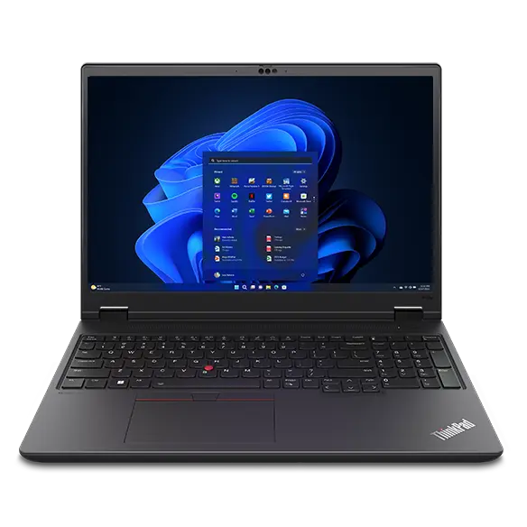 Front-faced Lenovo ThinkPad P16v G2 mobile workstation with home screen on display.