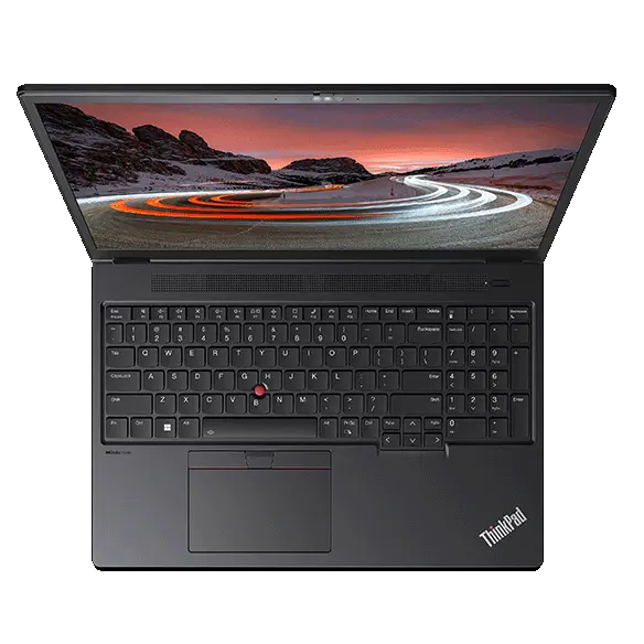 Lenovo ThinkPad L16 P16v G2 mobile workstation front-facing top view with a focus on the keyboard.