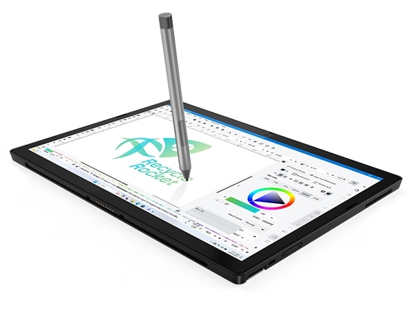 Top view of the Lenovo ThinkPad X12 Detachable Gen 2 laptop, with the device in tablet mode and the stylus pointing at the screen.