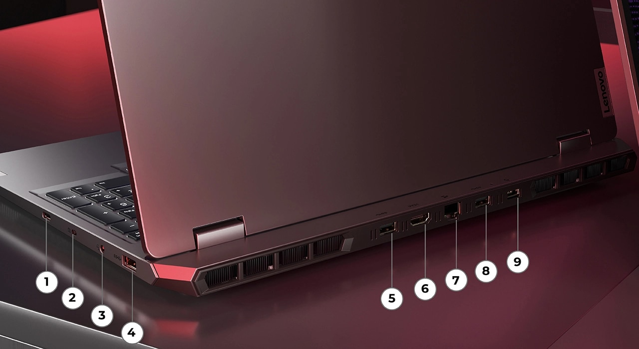 Side rear view of the Lenovo LOQ 15ARP9 with ports numbered 1 through 9