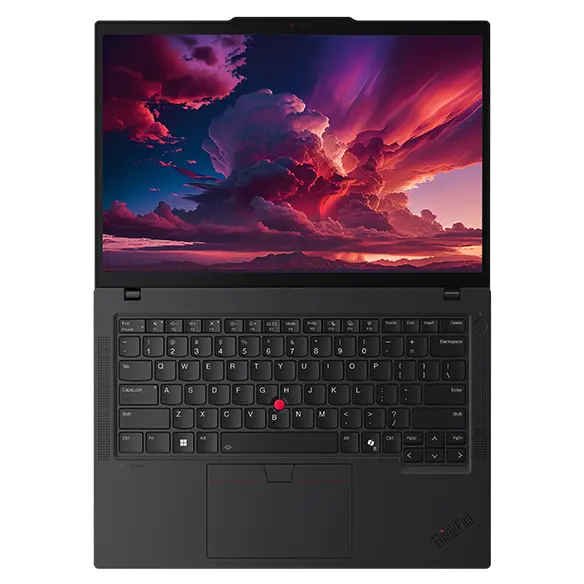 Overhead shot of Lenovo ThinkPad P14s Gen 5 (14'' AMD) black laptop opened at 180 degrees, focusing its keyboard frame with a bigger touchpad & a dynamic wallpaper displayed on its 14 inch screen.
