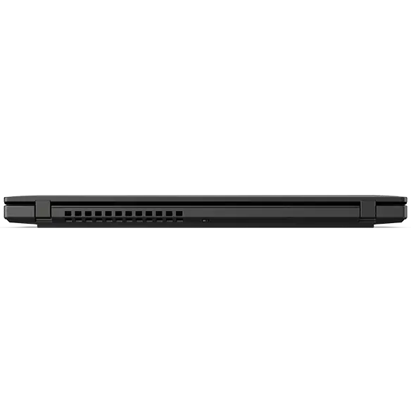 Das Lenovo ThinkPad P14s Gen 5 (14'' AMD) Notebook in Schwarz von hinten mit geschlossenem Deckel, mit Fokus auf dem hinteren Profil und den strategisch platzierten Lüftungsschlitzen.
