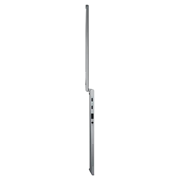 Side view of the slim profile of a ThinkPad X13 Yoga Gen 4 2-in-1 laptop open 180°