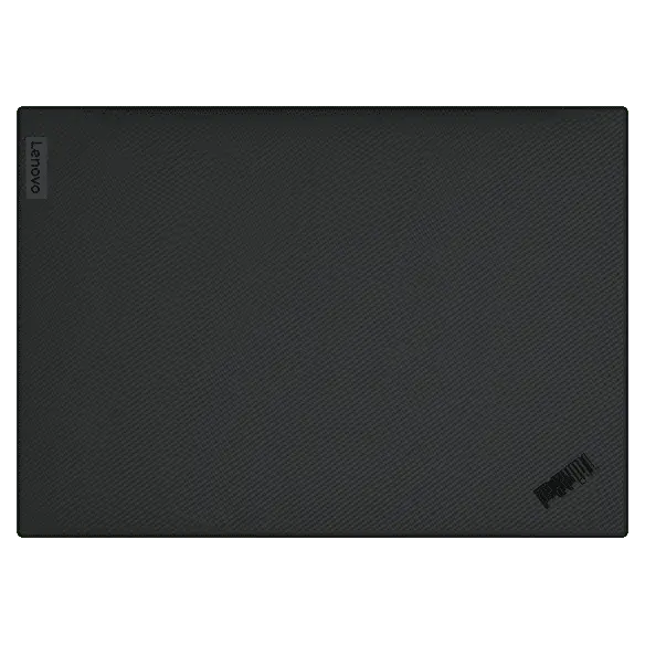 Vista aérea de la estación de trabajo móvil Lenovo ThinkPad P1 Gen 6 (16″ Intel) cerrada, con la cubierta superior texturizada y los logotipos de Lenovo y ThinkPad visibles