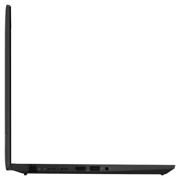 Vue latérale gauche de la station de travail mobile Lenovo ThinkPad P14s Gen 4 (14" AMD) ouverte à 90 degrés, montrant les bords de l’écran et du clavier, ainsi que les ports du côté gauche