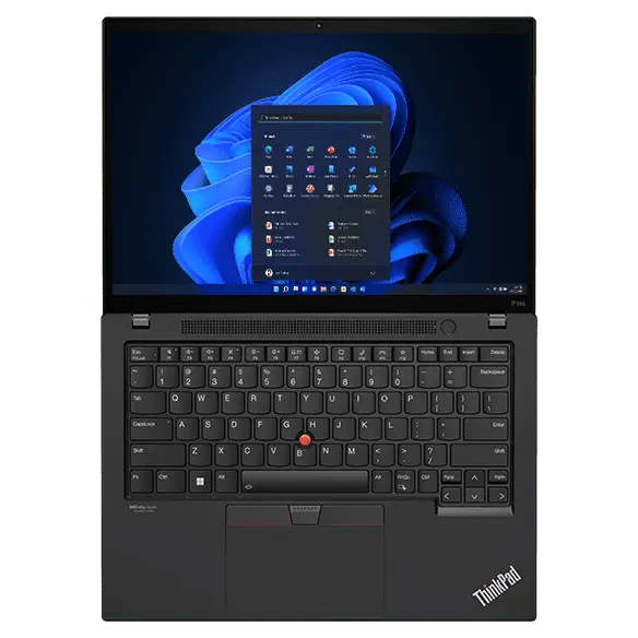 Estación de trabajo móvil Lenovo ThinkPad P14s Gen 4 (35,56 cm [14”] AMD), abierta en ángulo, mostrando el teclado, la pantalla de inicio de Windows 11 y los puertos del lateral izquierdo