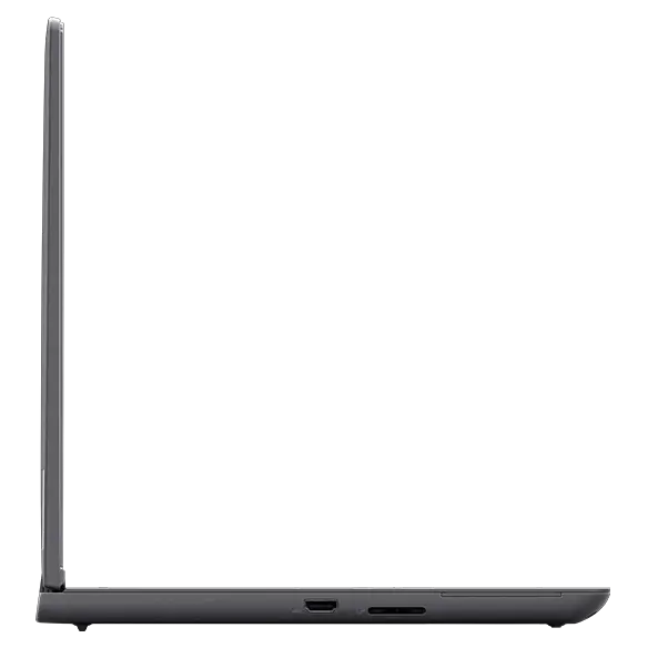 Profiel van de linkerzijde van het Lenovo ThinkPad P16v (16″ AMD) mobiele workstation, 90 graden geopend, met weergave van de randen van het beeldscherm en het toetsenbord, en de poorten aan de linkerzijde