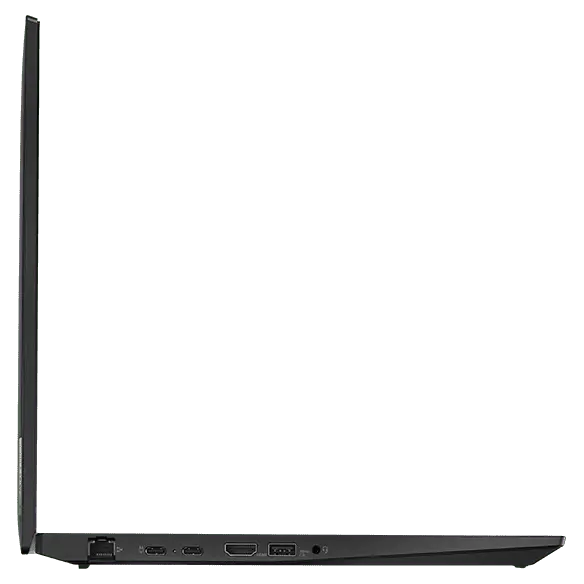 Left side profile of ThinkPad P16s (16&quot; AMD) mobile workstation, opened 90 degrees, flat, showing edge of keyboard and display, plus ports