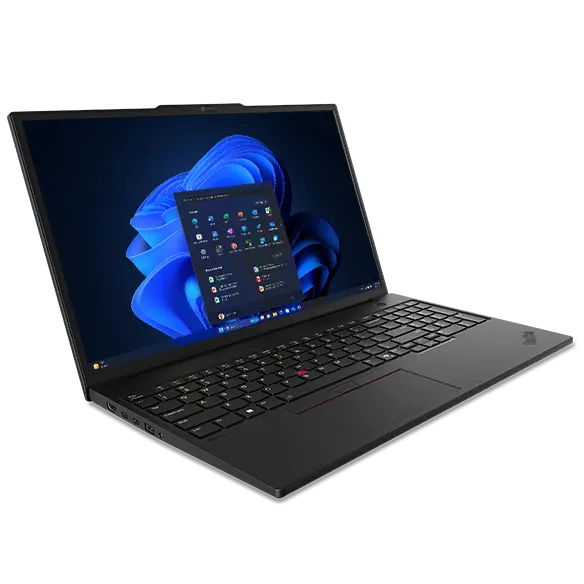 Front, left side view of Lenovo ThinkPad P16s Gen 3 (16 inch Intel) black laptop with lid opened at wide angle, focusing its keyboard & display with a Windows 11 Pro menu opened on its screen.