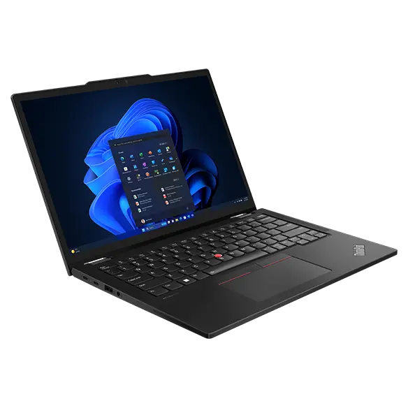 Lenovo ThinkPad X13 2-in-1 Gen 5 laptop open 110 degrees, angled to show left side ports, keyboard, & display.
