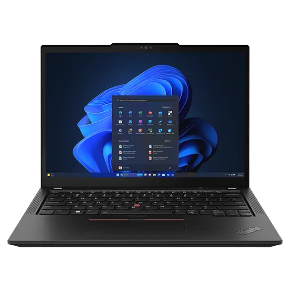 Front facing Lenovo ThinkPad X13 Gen 5 laptop, open 90 degrees, showing display & keyboard.