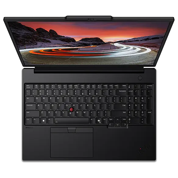 Overhead shot of the Lenovo ThinkPad P16s Gen 3 (16 inch Intel) black laptop opened at a wide angle, focusing its keyboard, touchpad, numeric pad, & a dynamic screen saver opened on the screen.