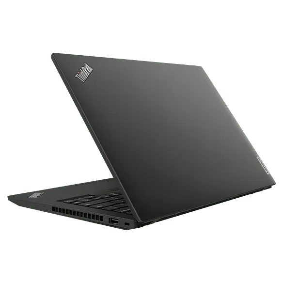 Station de travail portable ThinkPad P14s Gen 4 (14" Intel), vue arrière depuis la droite, capot partiellement ouvert