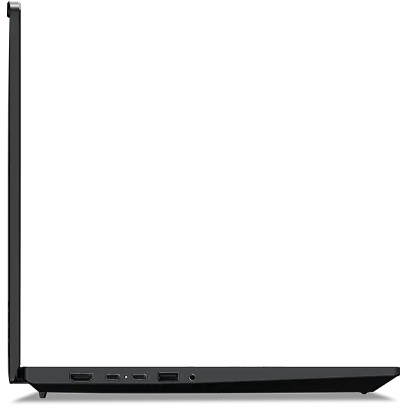 Left side view of Lenovo ThinkPad P16s Gen 3 (16 inch Intel) black laptop opened 90 degrees, focusing its left side sleek profile & visible ports.