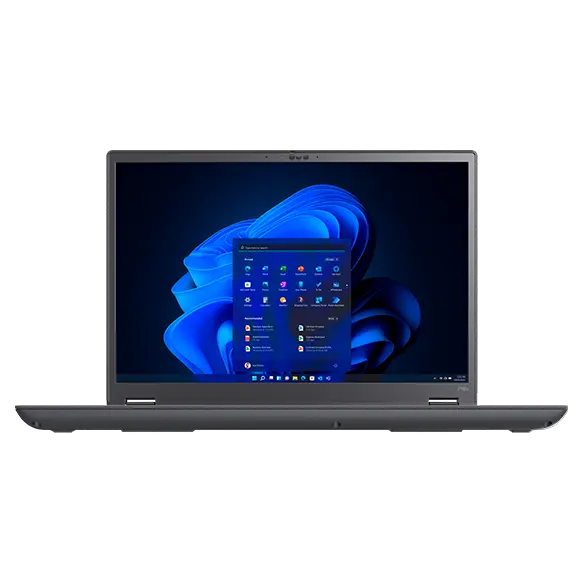 Gros plan de face de la station de travail mobile Lenovo ThinkPad P16v (16" AMD), montrant le bord du clavier et l’écran qui affiche le menu Démarrer de Windows 11