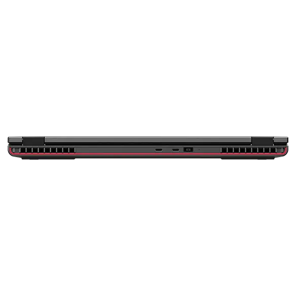 Gros plan de la station de travail portable Lenovo ThinkPad P16v (16 » Intel), fermée, montrant les bords du dessus, de l’arrière des couvercles, des charnières et des ports arrière