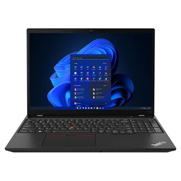 Front facing ThinkPad P16s (16&quot; AMD) mobile workstation, opened, showing keyboard and display with Windows 11