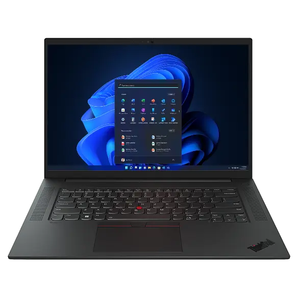 Front-facing Lenovo ThinkPad P1 Gen 5 mobile workstation showing keyboard and display.