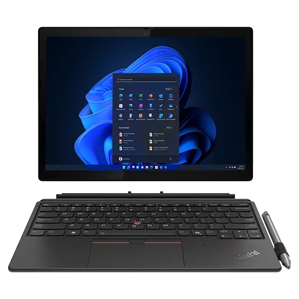 Front view of detached Lenovo ThinkPad X12 Detachable Gen 2 laptop, showing keyboard and home screen.