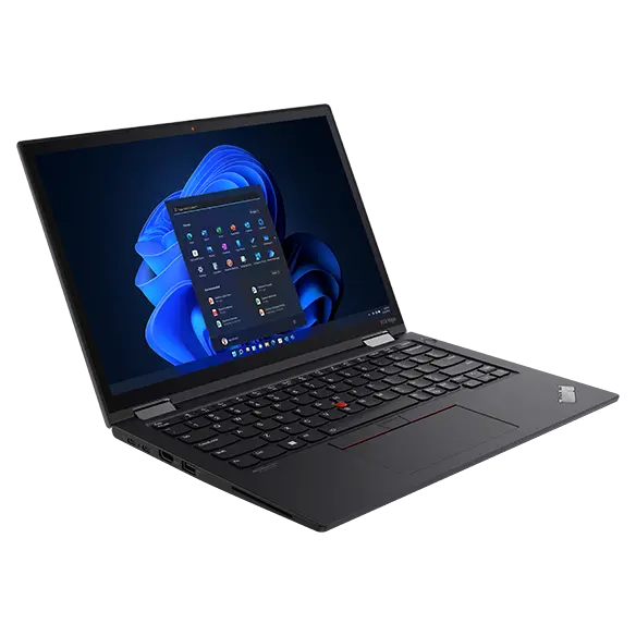 Left side view of ThinkPad X13 Yoga Gen 3 (13&quot; Intel), opened 90 degrees in laptop mode, showing display and keyboard