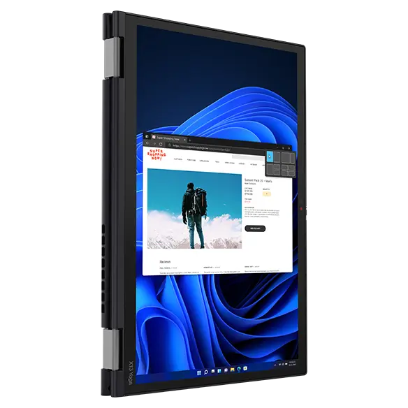 Left side view of ThinkPad X13 Yoga Gen 3 (13&quot; Intel), opened fully in tablet mode, stood vertically, showing display