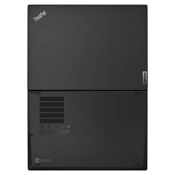 Bottom side of Thunder Black Lenovo ThinkPad X13 Gen 3 laptop open 180 degrees.