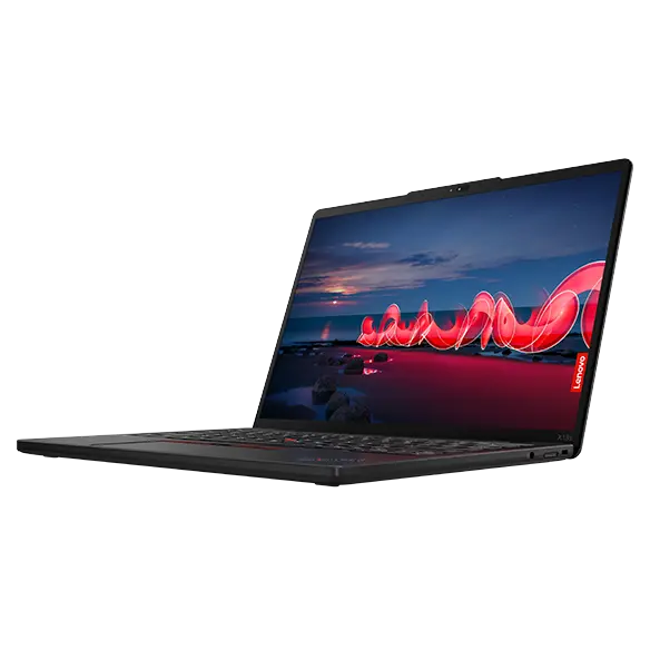 Lenovo ThinkPad X13s laptop open 90 degrees with Windows 11 Pro on the display, angled to show right-side ports.
