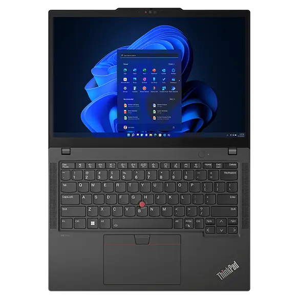 Vue aérienne du portable Lenovo ThinkPad X13 Gen 4 ouvert à 180 degrés, montrant le clavier et l’écran.