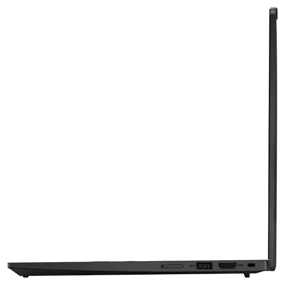 Profil droit du portable Lenovo ThinkPad X13 Gen 4 ouvert à 90 degrés, montrant les ports et les fentes.