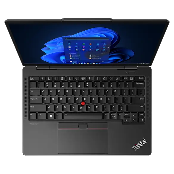 alt="Overhead shot of Lenovo ThinkPad X13s laptop with focus on the keyboard and optimized touchpad. 