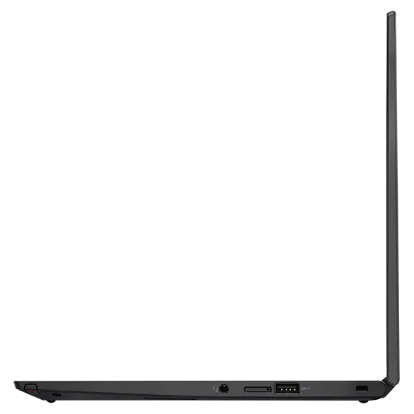 Right side profile of ThinkPad X13 Yoga Gen 3 (13&quot; Intel), opened 90 degrees, showing thinness and ports
