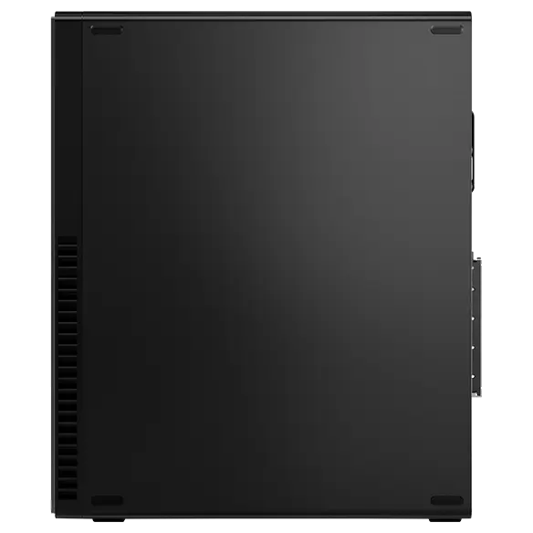 Left side profile of Lenovo ThinkCentre M90s Gen 3 (Intel) small form factor desktop PC, stood vertically, showing side panel