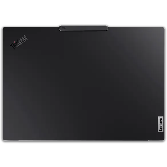 Overhead shot of Lenovo ThinkPad P14s Gen 5 (14 inch Intel) black laptop with closed lid, focusing its aluminum-based top cover & Communications Bar.