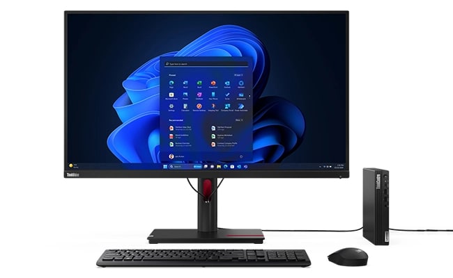 Lenovo ThinkCentre M70q Gen 5 Tiny PC, vertikal und rechts neben dem Display positioniert