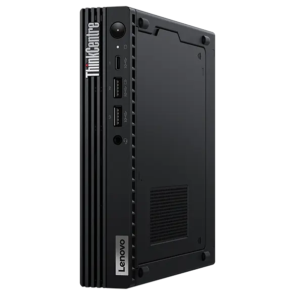 Forward-facing Lenovo ThinkCentre M90q Gen 4 Tiny (Intel) PC, at a slight angle, showing front panel & ports, Lenovo & ThinkCentre logos, & right-side panel