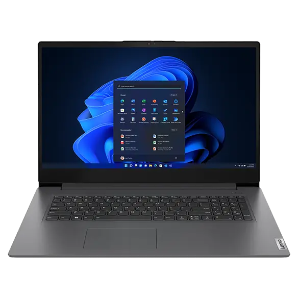 Front facing Lenovo V17 Gen 3 laptop, showing keyboard & display (with Windows 11 start-up menu)