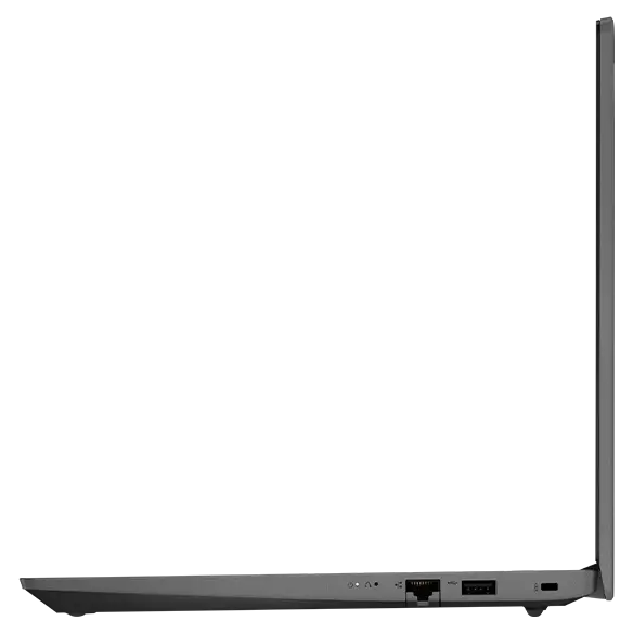 Right side profile of Lenovo V14 Gen 3 (14” AMD) laptop, opened, showing edge of display & keyboard, & ports