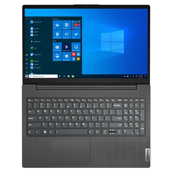 Overhead shot of Lenovo V15 Gen 2 (15&quot; Intel) laptop open 180 degrees, with Windows 11 Pro on the display. 
