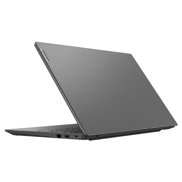 Rear facing, left-side view of Lenovo V15 Gen 3 (15" Intel) laptop, opened 50 degrees, showing rear cover and part of keyboard