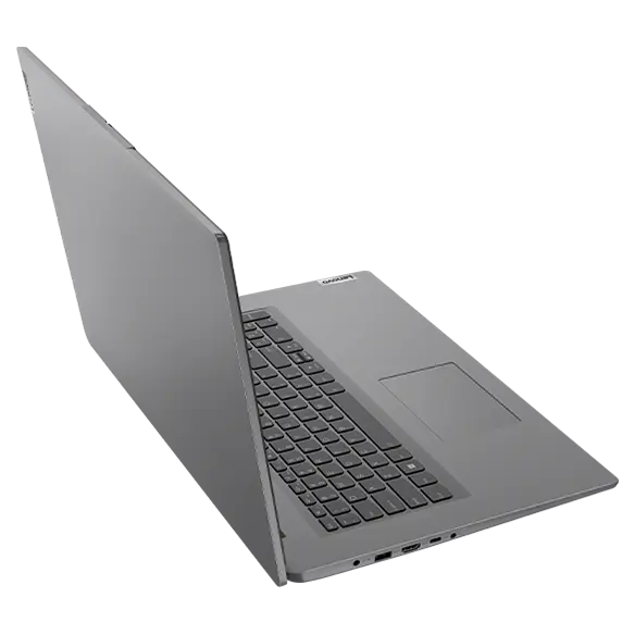 Lenovo V17 Gen 4 laptop: left profile, lid open flat, standing on front edge