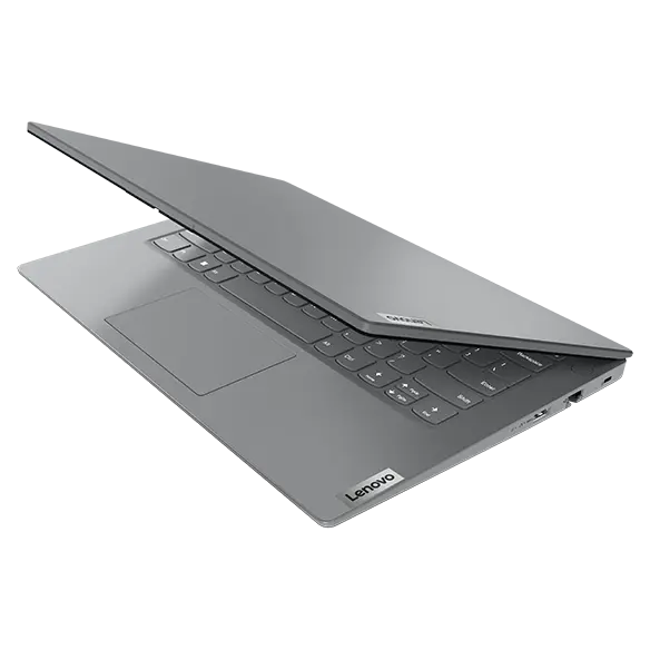 A partially opened Arctic Grey Lenovo V14 Gen 4 (Intel) laptop viewed at a high angle from the front-right corner