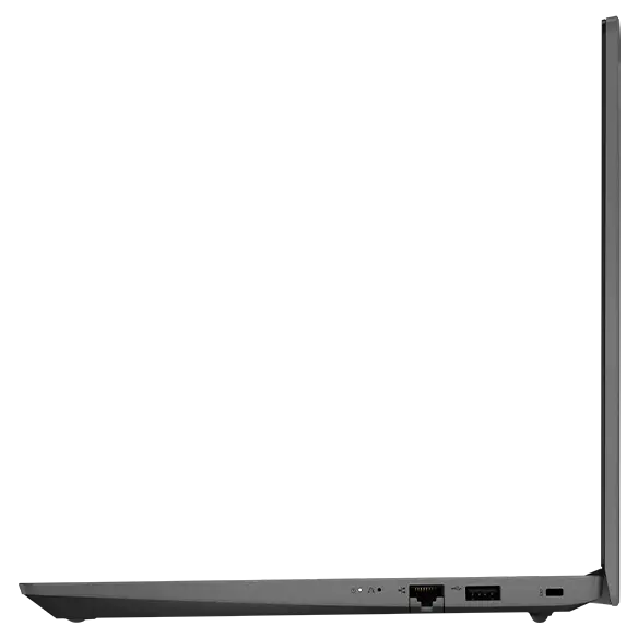 Right-side profile of Lenovo V14 Gen 3 (14" Intel) laptop, opened 90 degrees, showing edge of display and keyboard, plus ports