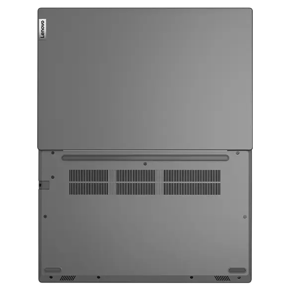 Aerial view of Lenovo V14 Gen 3 (14&quot; Intel) laptop, opened flat 180 degrees, showing top and rear covers
